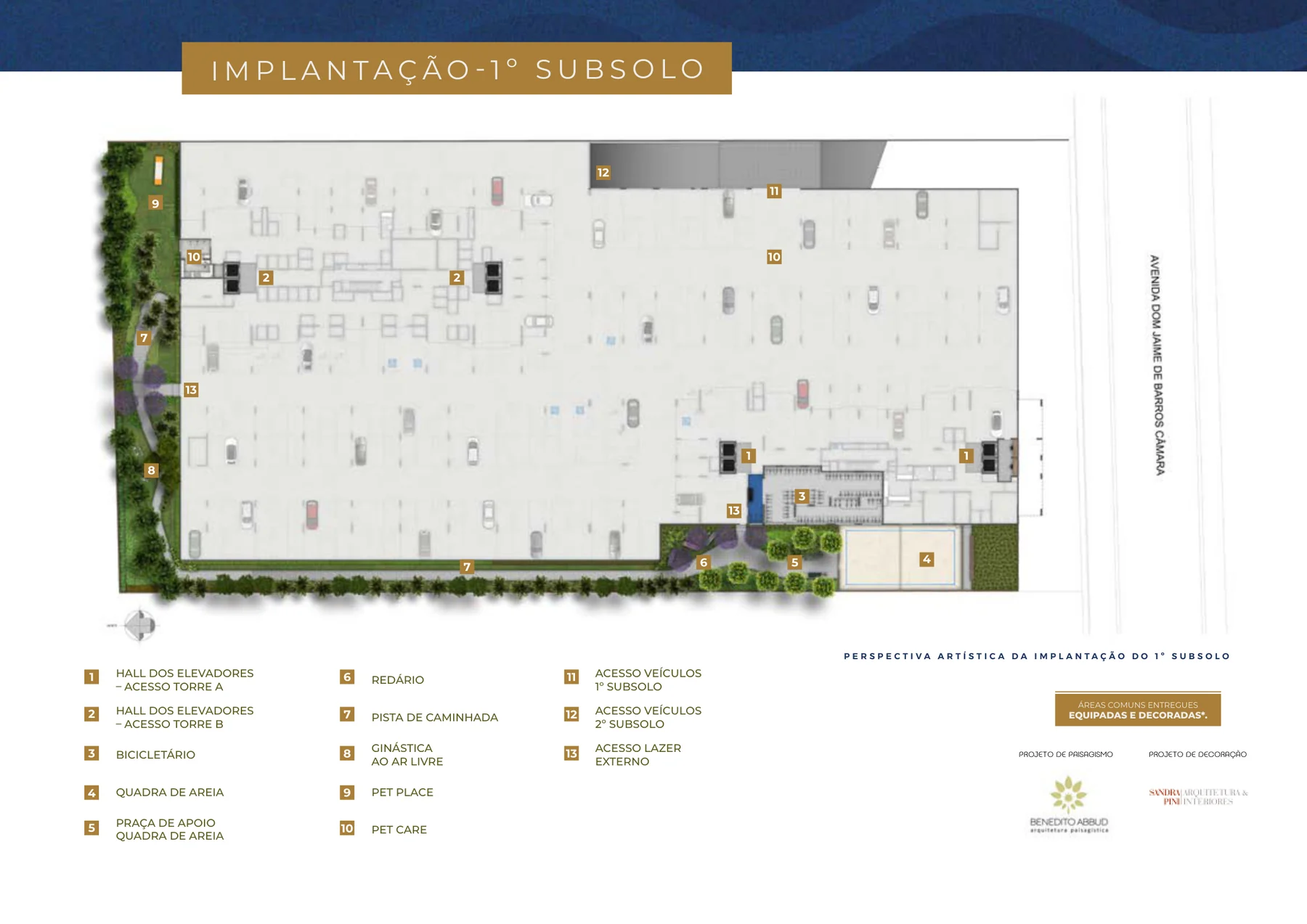 Perspectiva artística da implantação do 1 subsolo do Helbor Clube Patteo São Bernardo, com pista de caminhada, ginástica ao ar livre, pet place, pet care, redário, quadra de areia e halls de acesso das Torres A e B.