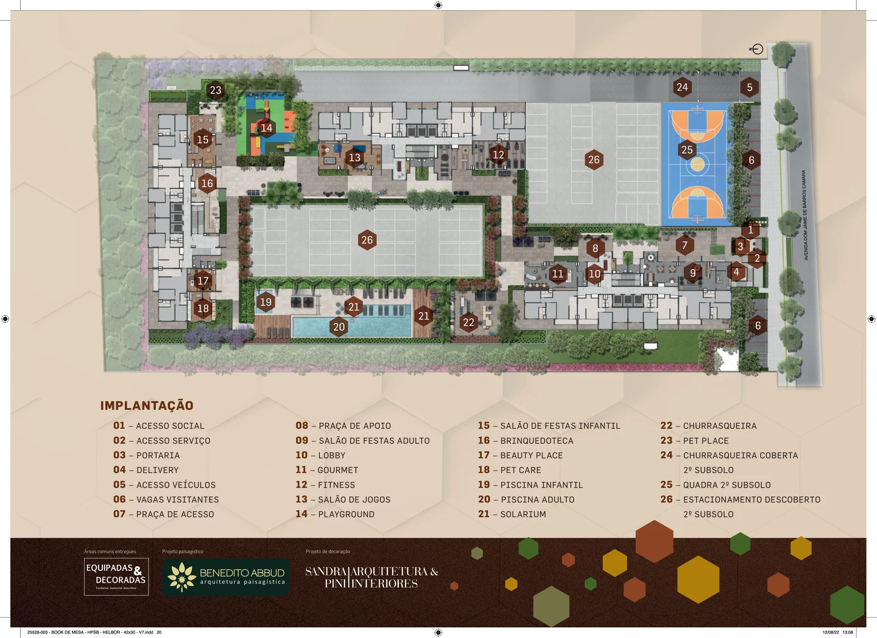 Implantação do Patteo São Bernardo, com os ambientes de lazer numerados. Perspectiva artística. Áreas comuns entregues com projeto paisagístico e projeto de decoração.