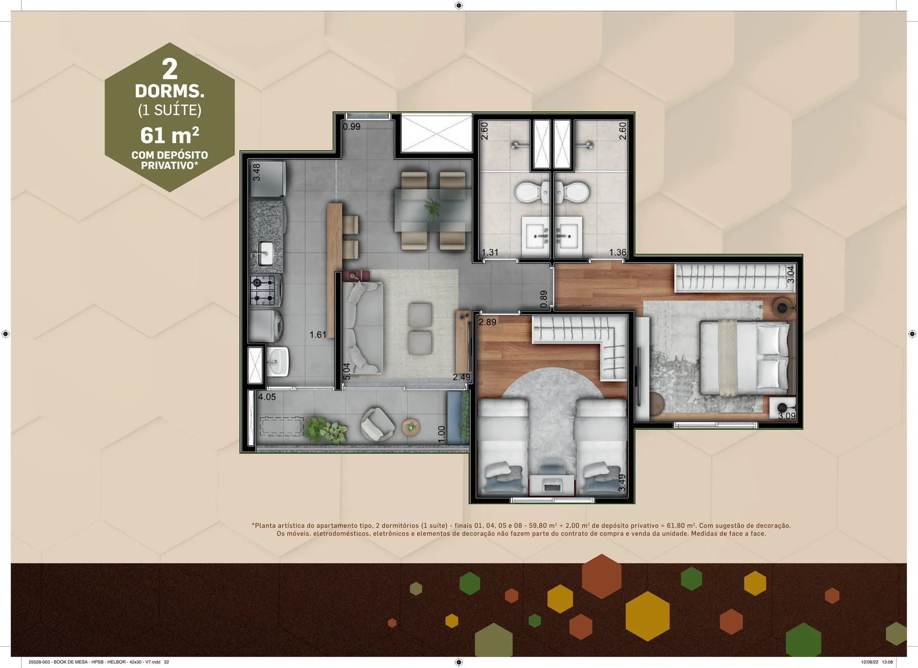 Planta de 61,80 m² do Patteo São Bernardo