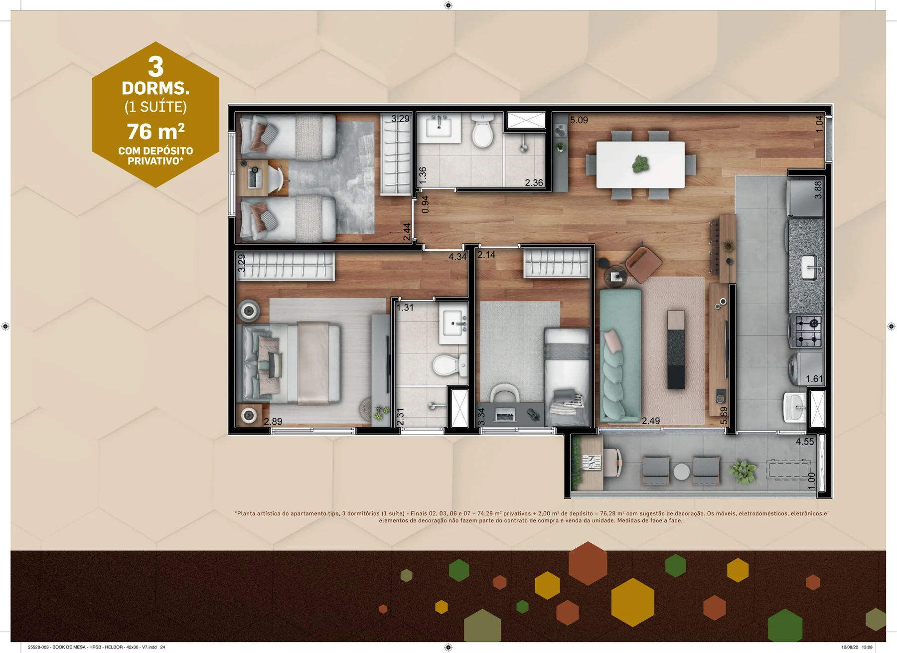 Planta de 76,29 m² do Patteo São Bernardo